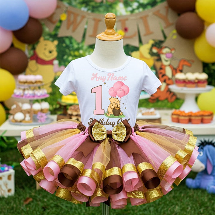 Winnie The Pooh Baby Girl Tutu Set Girls Personalized Custom Pink Gold Brown Ribbon Sewn Trim Tutu Outfit Dress Theme Cake Smash Birthday Party