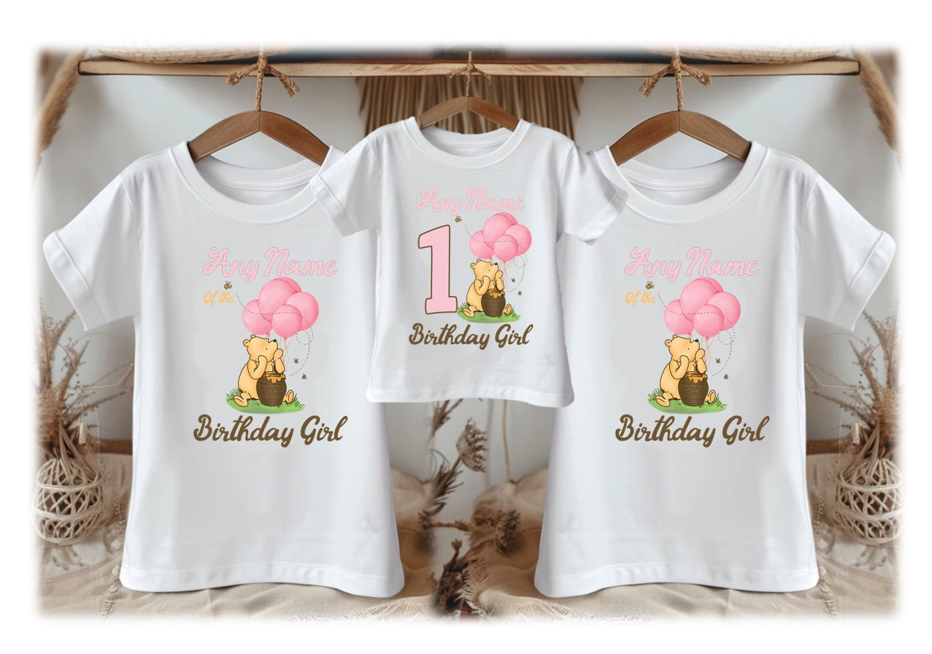Winnie the Pooh Baby Girl Personalized Custom White Family T-Shirt or Onesie Pack Theme Cake Smash Birthday Party