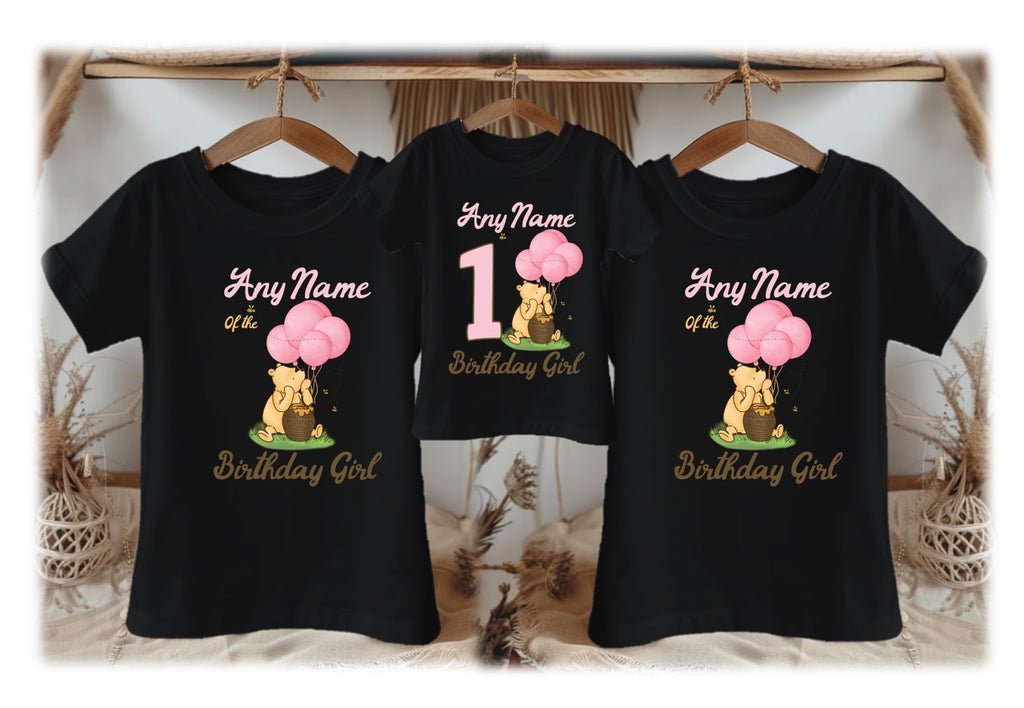 Winnie the Pooh Baby Girl Personalized Custom Black Family T-Shirt or Onesie Pack Theme Cake Smash Birthday Party