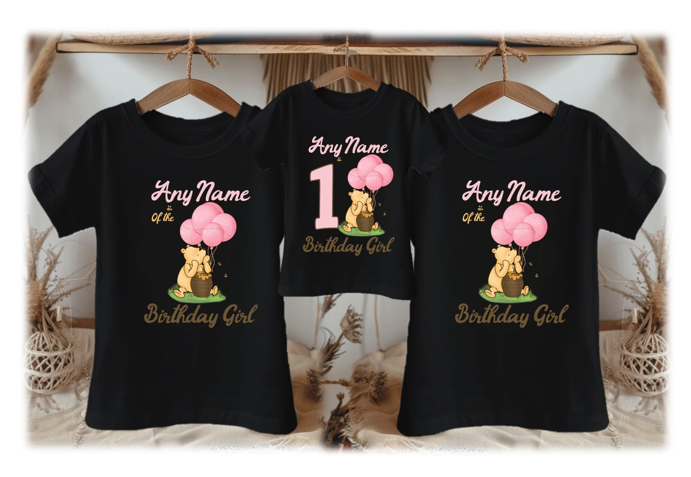 Winnie the Pooh Baby Girl Personalized Custom Black Family T-Shirt or Onesie Pack Theme Cake Smash Birthday Party