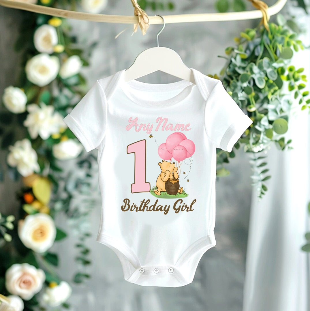 Winnie the Pooh Baby Girl Personalized Custom White Family T-Shirt or Onesie Pack Theme Cake Smash Birthday Party