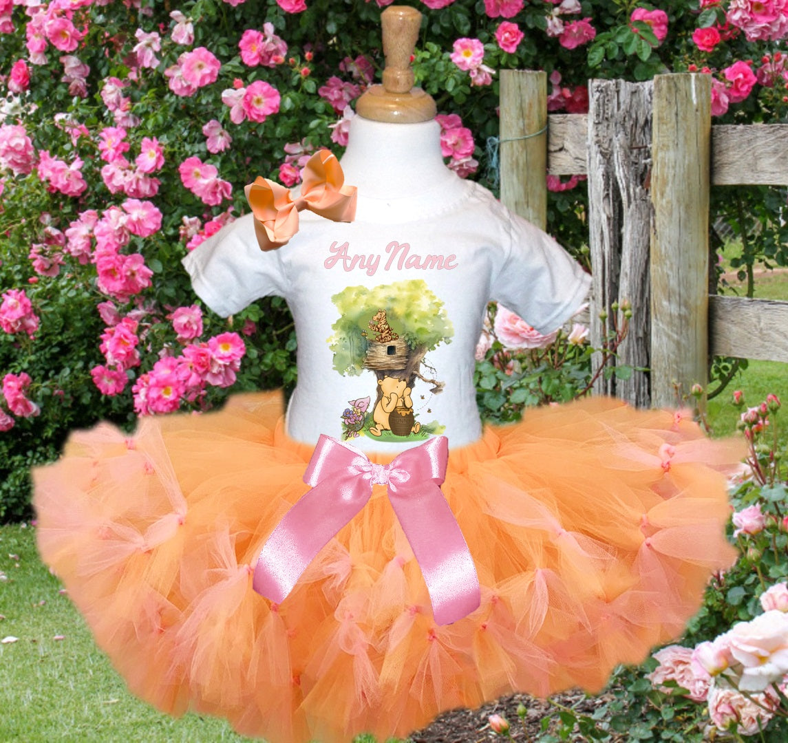 Winnie the Pooh Baby Girl Tutu Set Girls Personalized Custom Orange Soft Pink Knots Tutu Outfit Dress Theme Cake Smash Party