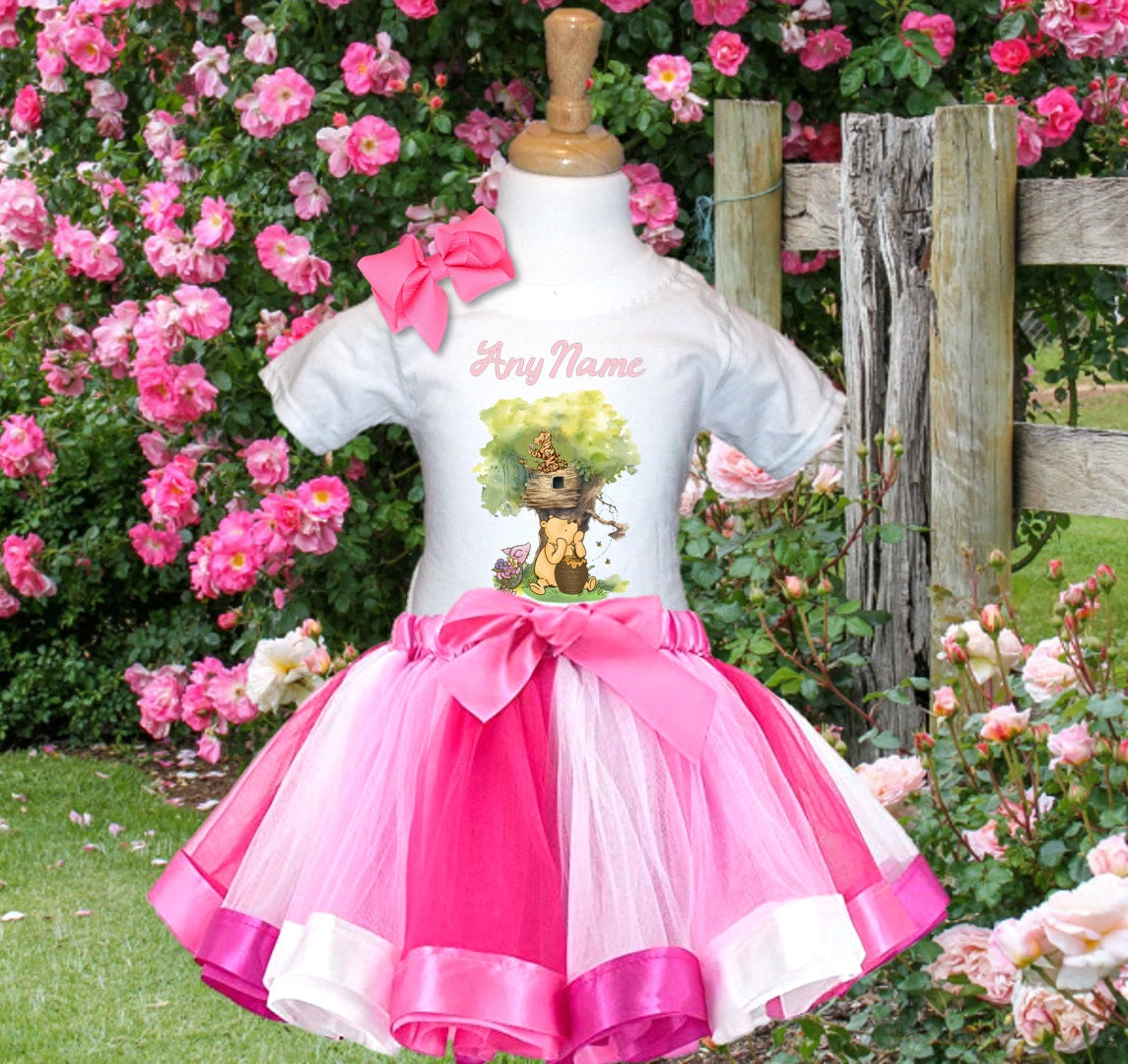 Winnie the Pooh Baby Girl Tutu Set Girls Personalized Custom Hot Pink White Pink Ribbon Tutu Outfit Dress Theme Cake Smash Party