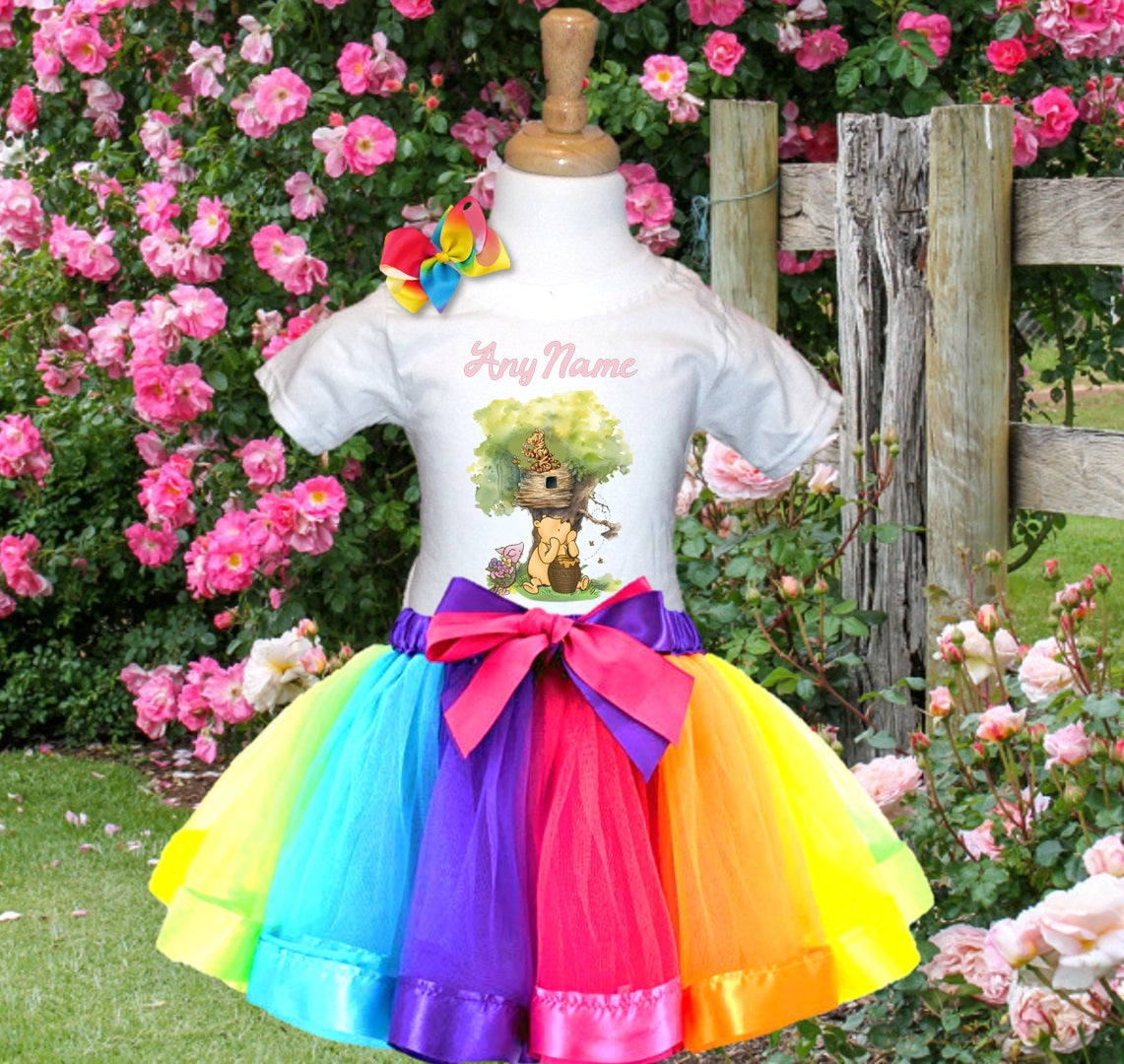Winnie the Pooh Baby Girl Tutu Set Girls Personalized Custom Rainbow Ribbon Tutu Outfit Dress Theme Cake Smash Party