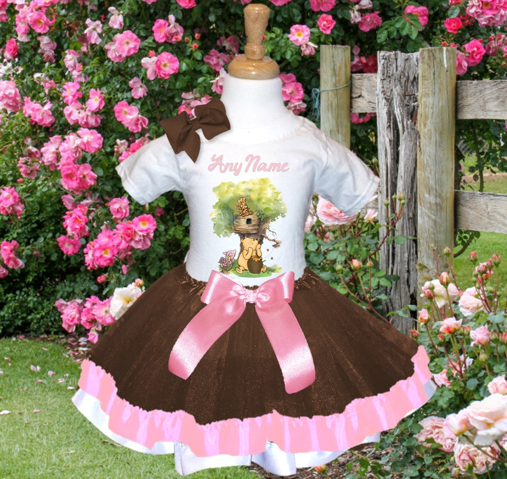 Winnie the Pooh Baby Girl Tutu Set Girls Personalized Custom Brown Pink White Ribbon Trim Tutu Outfit Dress Theme Cake Smash Party