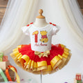 Baby Pooh Sitting Tutu Set Girls Personalized Custom Red Yellow Ribbon Sewn Trim Tutu Outfit Dress Theme Cake Smash Birthday
