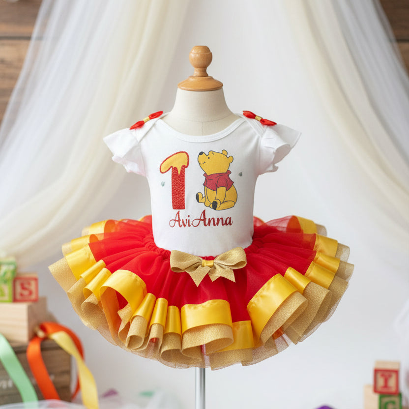 Baby Pooh Sitting Tutu Set Girls Personalized Custom Red Yellow Ribbon Sewn Trim Tutu Outfit Dress Theme Cake Smash Birthday