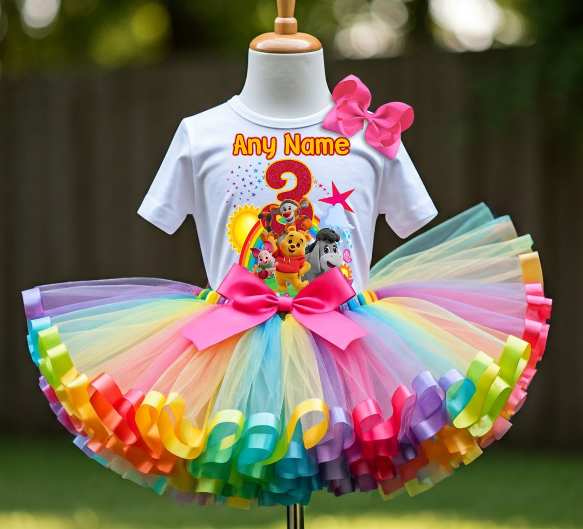 Playdate with Winnie The Pooh Tutu Set Girls Personalized Custom Rainbow Ribbon Sewn Trim Tutu Outfit Dress Theme Cake Smash Birthday Party