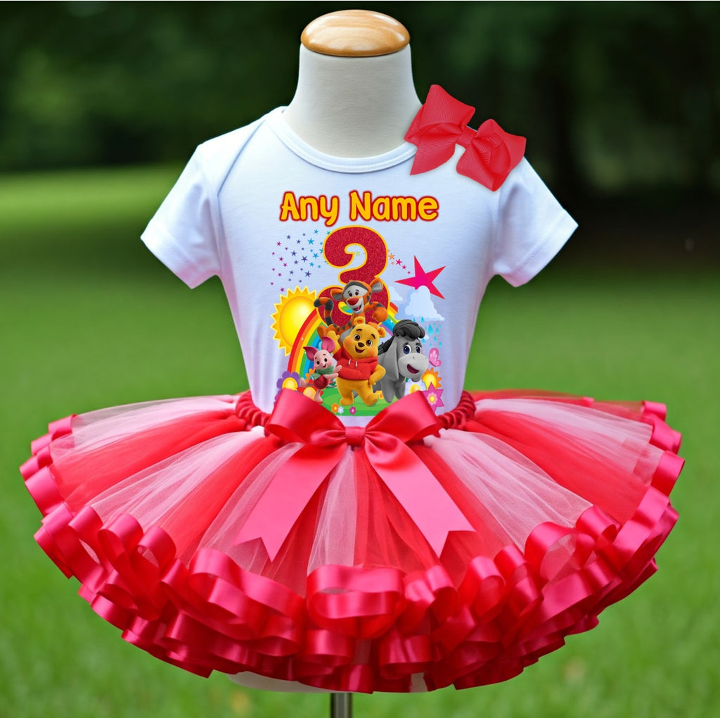 Playdate with Winnie The Pooh Tutu Set Girls Personalized Custom Hot Pink Red Ribbon Sewn Trim Tutu Outfit Dress Theme Cake Smash Birthday Party
