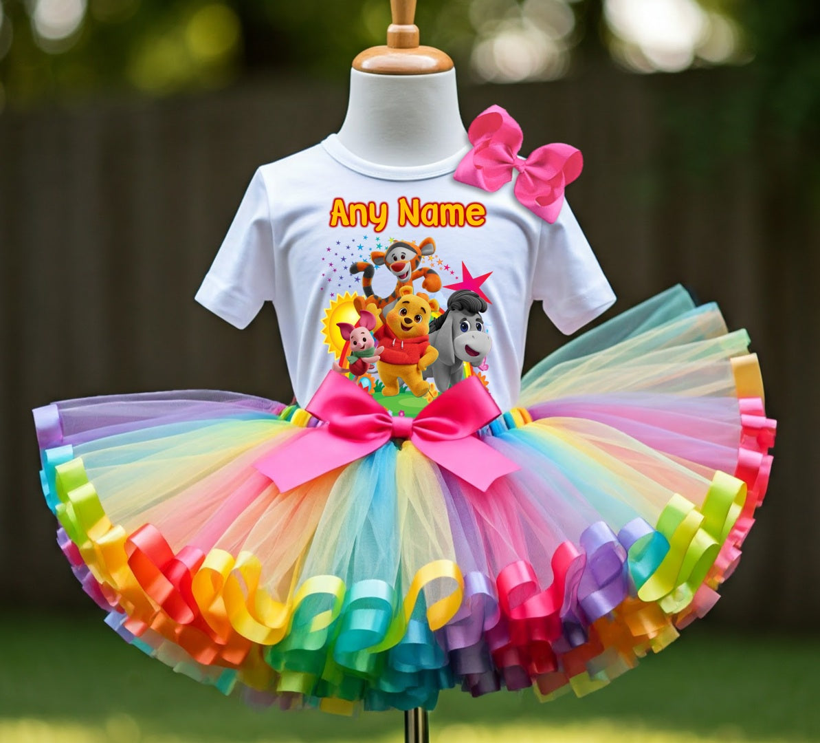 Playdate with Winnie The Pooh Tutu Set Girls Personalized Custom Rainbow Ribbon Sewn Trim Tutu Outfit Dress Theme Cake Smash Party
