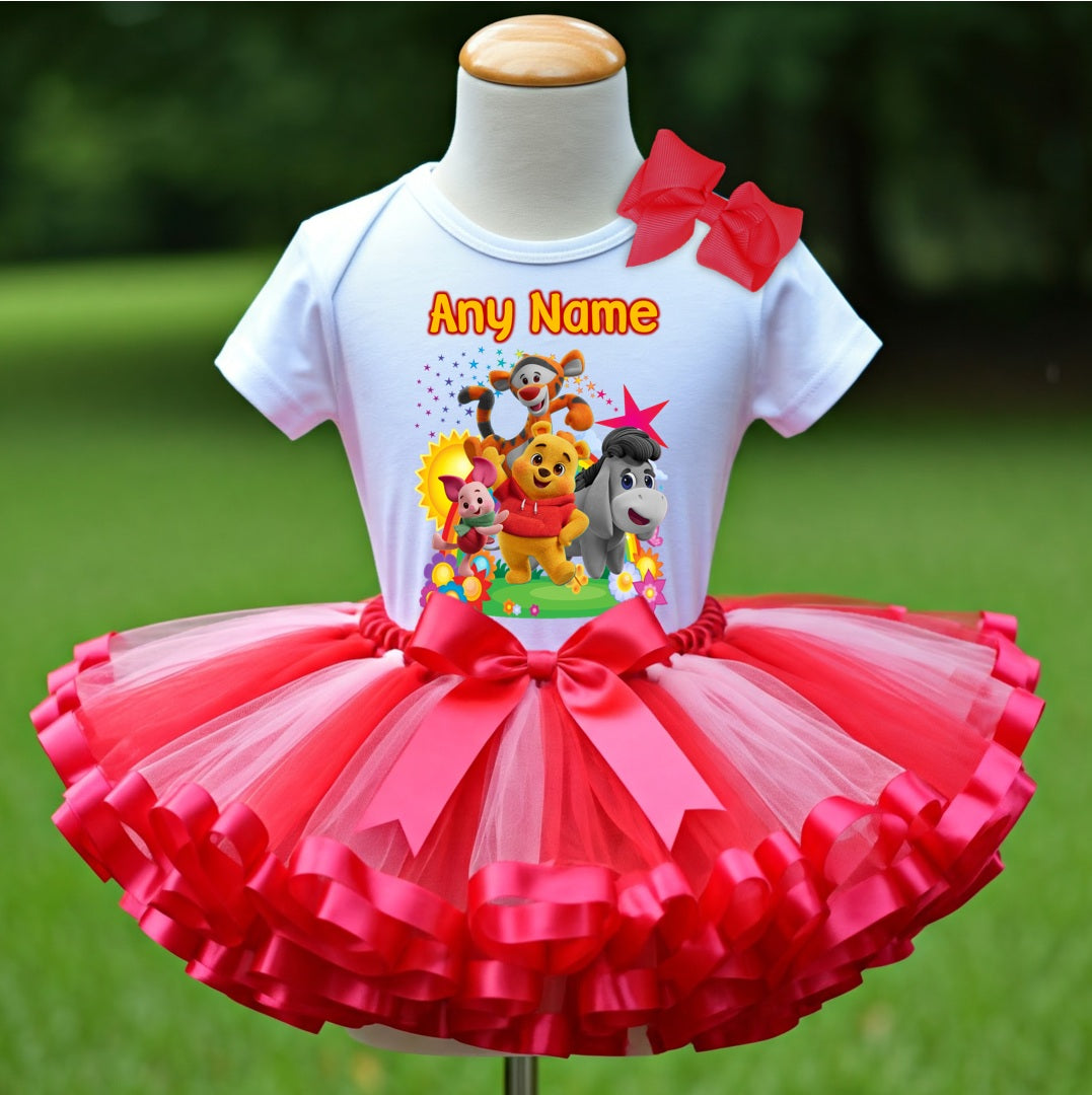 Playdate with Winnie The Pooh Tutu Set Girls Personalized Custom Hot Pink Red Ribbon Sewn Trim Tutu Outfit Dress Theme Cake Smash Party