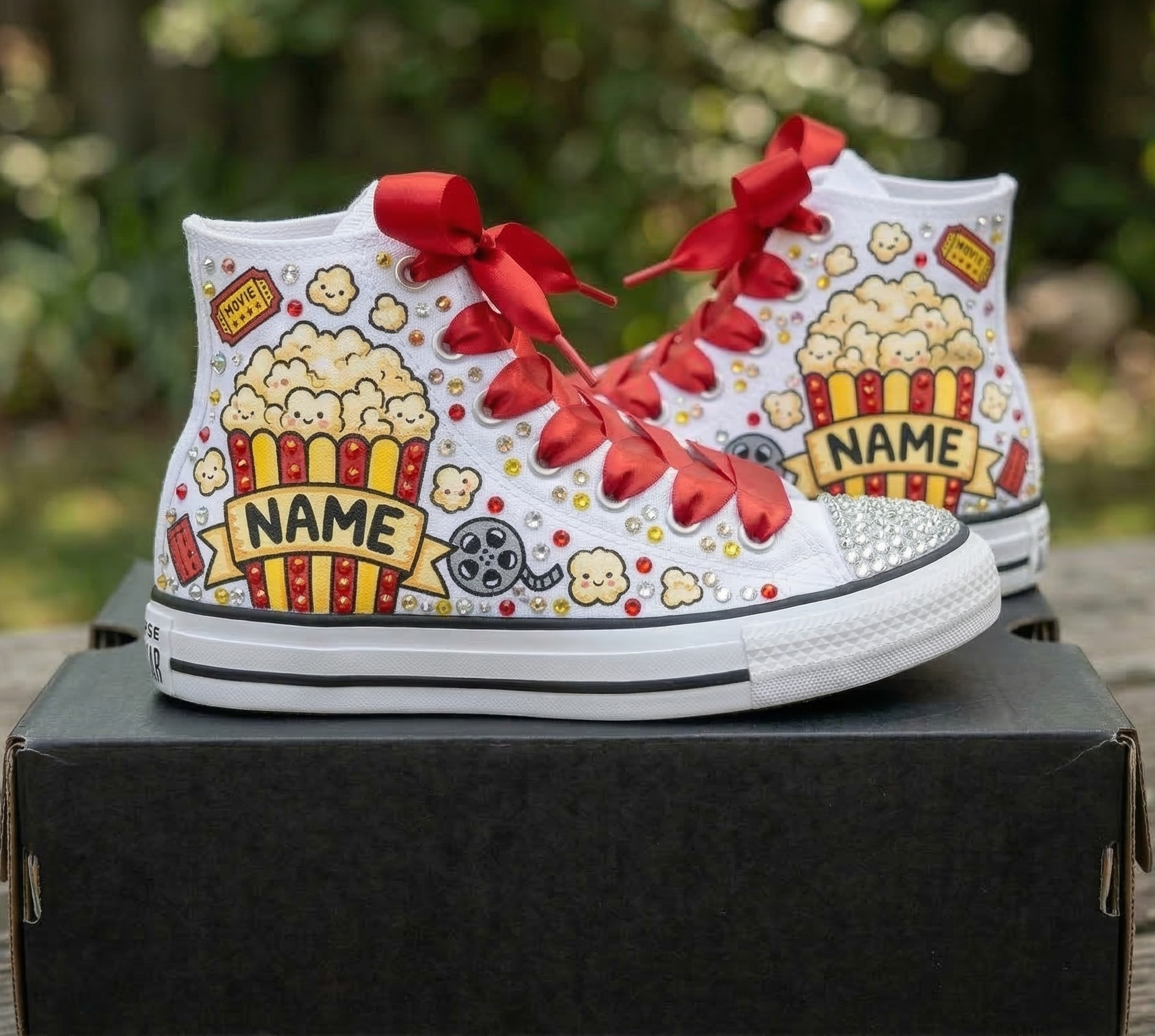 Custom Movies Popcorn High-Top Sneakers Shoes Personalized with Name, Ribbon Laces & Rhinestones Birthday Parties Everyday Gift