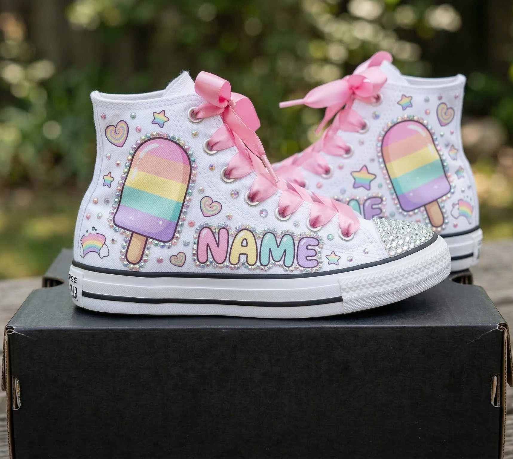 Custom Summer Popsicle High-Top Sneakers Shoes Personalized with Name, Ribbon Laces & Rhinestones Birthday Parties Everyday Gift