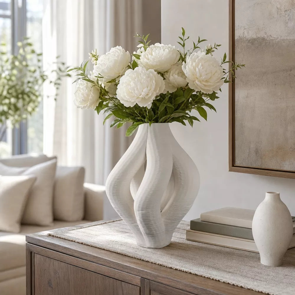 12" Ivory Sculptural 3D Printed Porcelain Flower Vase Home Decor Accents