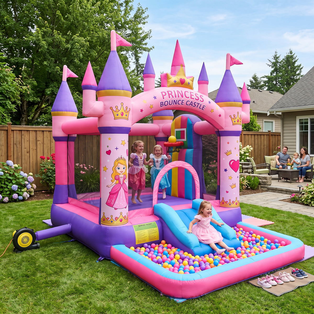 Play Bounce House Jumping Playhouse area with Slide and Ball Pit Princess Theme