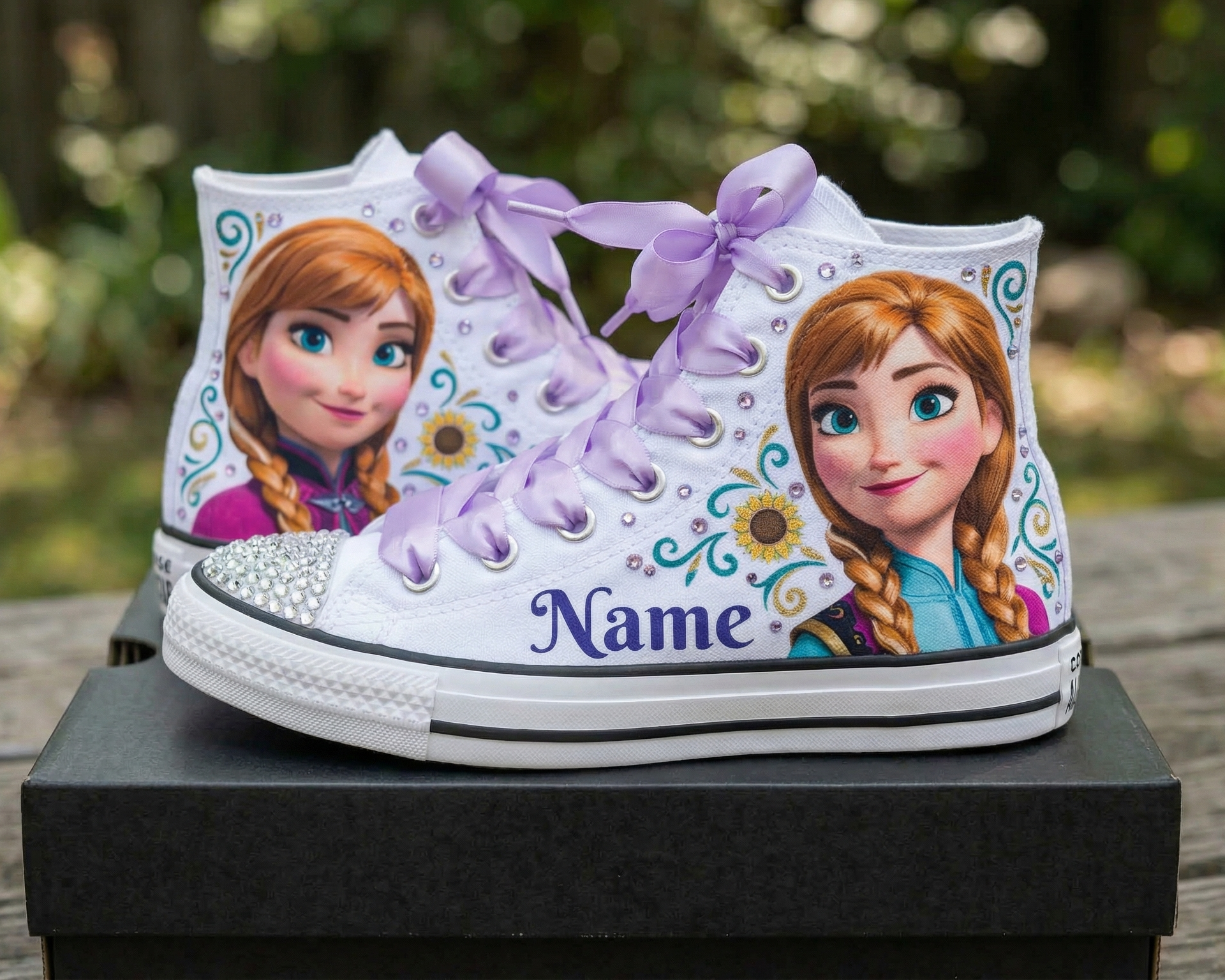 Custom Frozen Princess Anna High-Top Sneakers Shoes Personalized with Name, Ribbon Laces & Rhinestones Birthday Parties Everyday Gift
