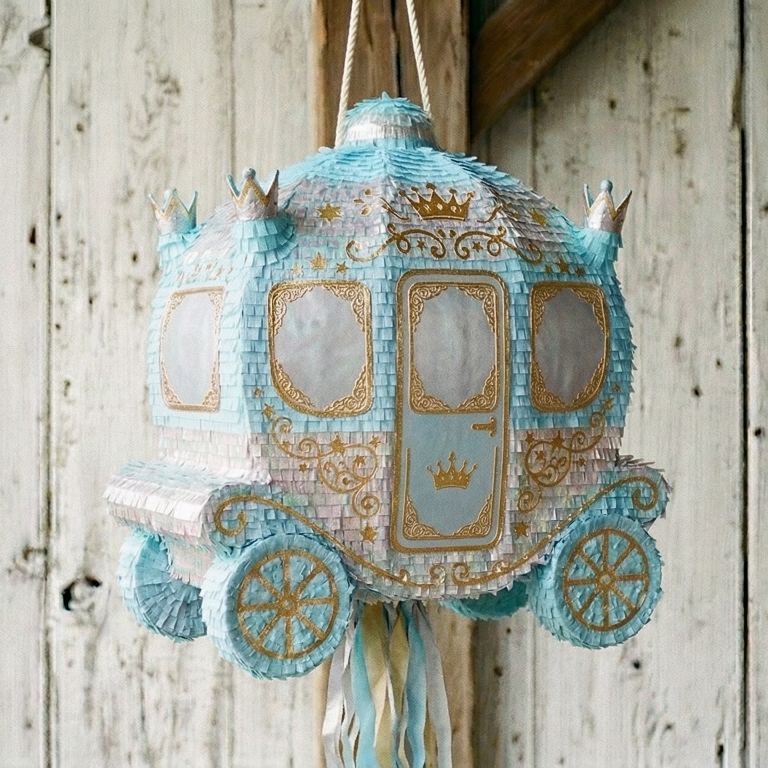 Premium Handmade 30-Inch Princess Carriage Blue Character Pull-String Piñata Table Decor Party Centerpiece