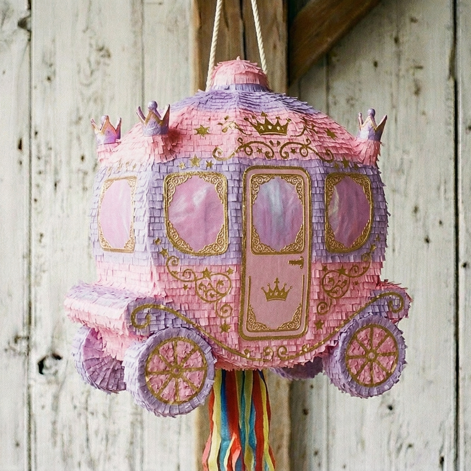 Premium Handmade 30-Inch Princess Carriage Pink Character Pull-String Piñata Table Decor Party Centerpiece