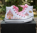 Custom Pink Princess Castle High-Top Sneakers Shoes Personalized with Name, Ribbon Laces & Rhinestones Birthday Parties Everyday Gift