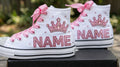 Custom Pink Princess Crown High-Top Sneakers Shoes Personalized with Name, Ribbon Laces & Rhinestones Birthday Parties Everyday Gift