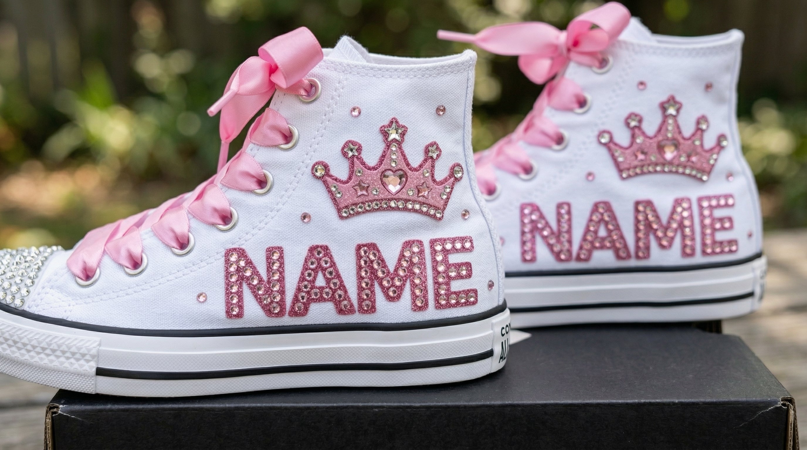 Custom Pink Princess Crown High-Top Sneakers Shoes Personalized with Name, Ribbon Laces & Rhinestones Birthday Parties Everyday Gift