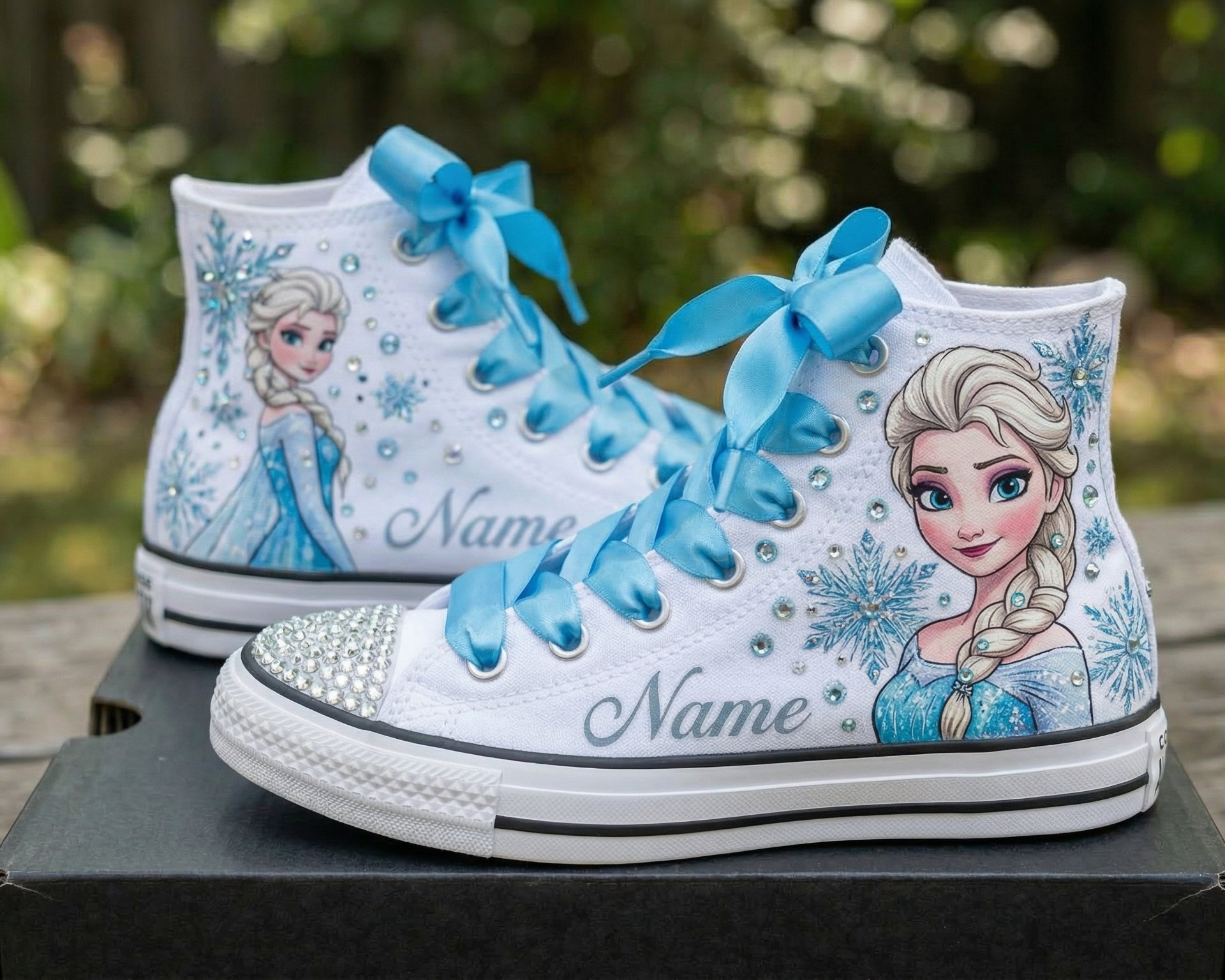 Custom Frozen Princess Elsa High-Top Sneakers Shoes Personalized with Name, Ribbon Laces & Rhinestones Birthday Parties Everyday Gift