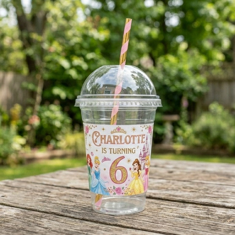 (Pack of 6) Princesses Custom Personalized Birthday Party 16 oz Cups with Dome Lids & Straws