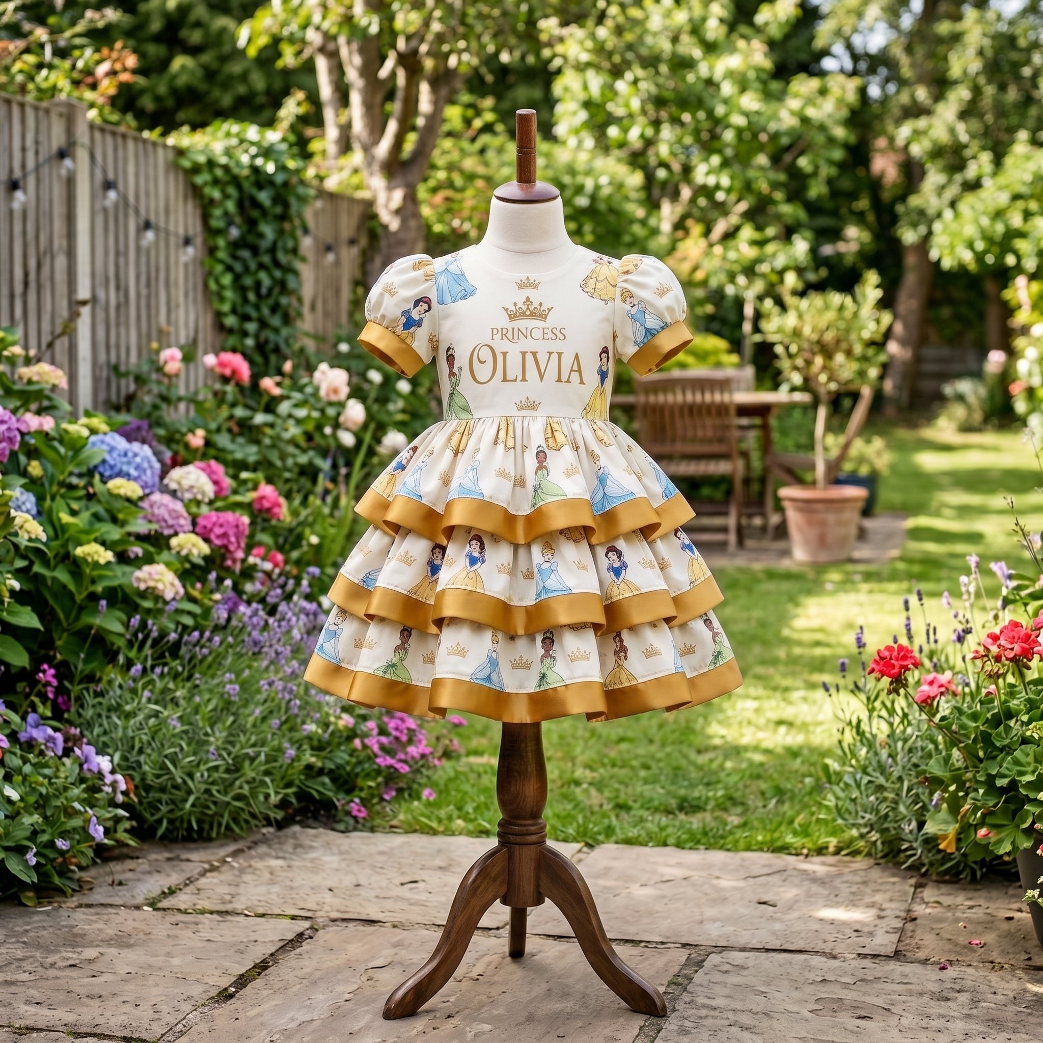 Princesses Gold Girls Personalized Custom Tiered Ruffle Dress Ribbon Trim Theme Cake Smash Birthday Party