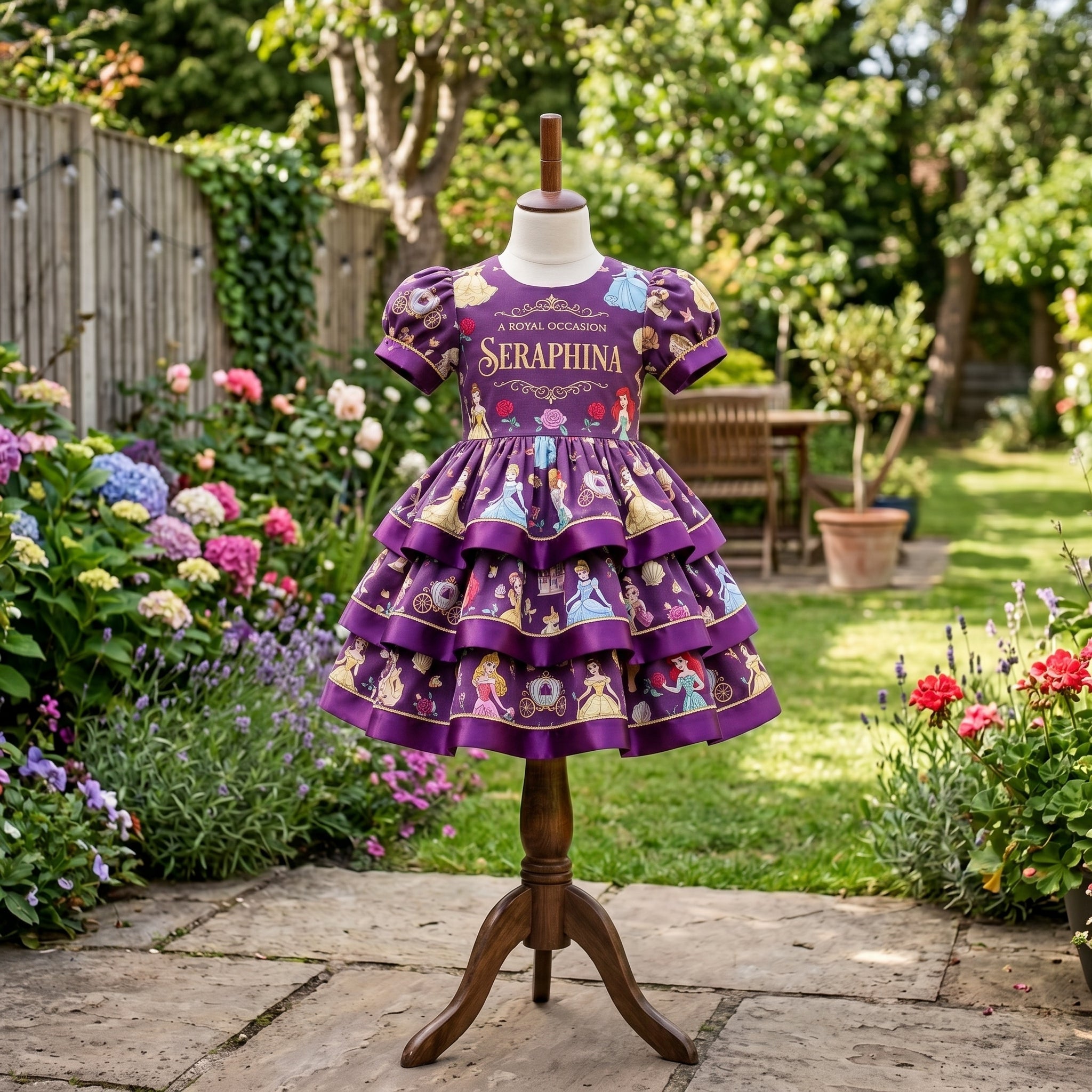 Princesses Purple Girls Personalized Custom Tiered Ruffle Dress Ribbon Trim Theme Cake Smash Birthday Party