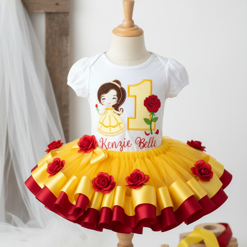 Baby Princess Belle Tutu Set Girls Personalized Custom Red Yellow Ribbon Sewn Trim Tutu Outfit Dress Theme Cake Smash Birthday