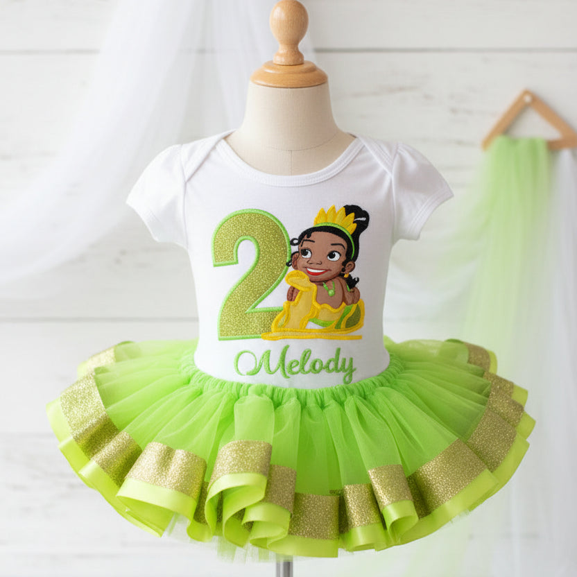 Princess Face Tiana Frog Tutu Set Girls Personalized Custom Green Gold Ribbon Sewn Trim Tutu Outfit Dress Theme Cake Smash Birthday