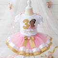 Princess Face Tiana Frog Tutu Set Girls Personalized Custom Pink White Gold Ribbon Sewn Trim Tutu Outfit Dress Theme Cake Smash Birthday