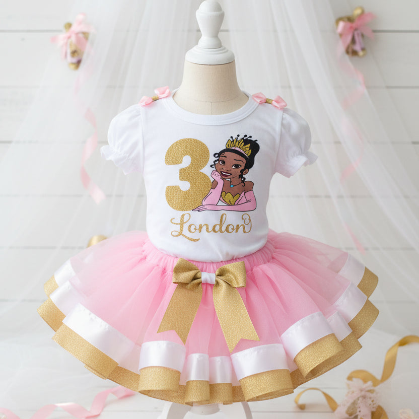 Princess Face Tiana Frog Tutu Set Girls Personalized Custom Pink White Gold Ribbon Sewn Trim Tutu Outfit Dress Theme Cake Smash Birthday