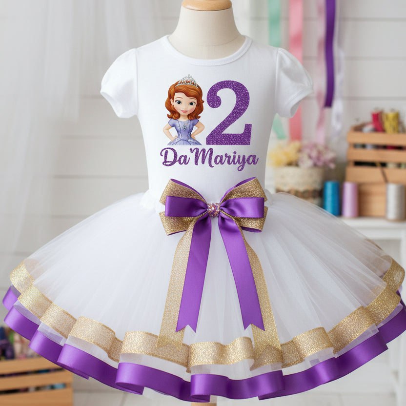 Sofia the First Princess Tutu Set Girls Personalized Custom White Purple Gold Ribbon Sewn Trim Tutu Outfit Dress Theme Cake Smash Birthday