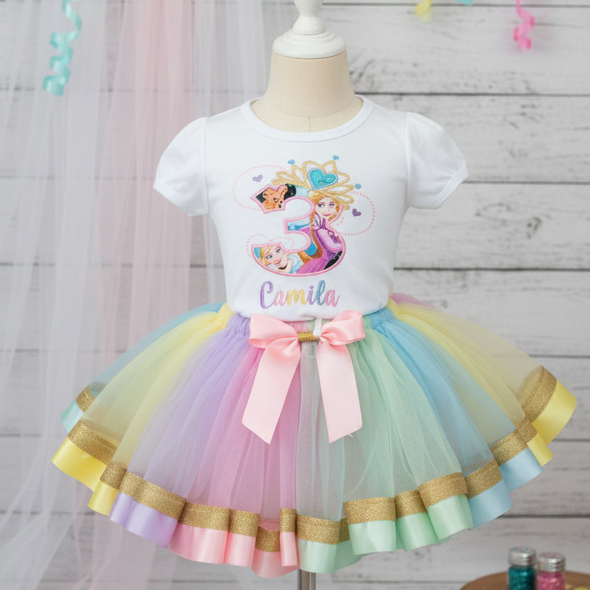 Princesses Print Tutu Set Girls Personalized Custom Light Purple Blue Pink Yellow Ribbon Sewn Trim Tutu Outfit Dress Theme Cake Smash Birthday Party