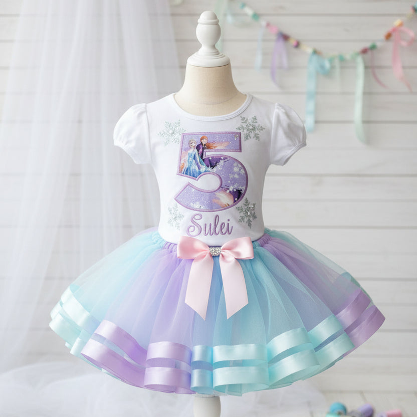 Frozen Print Princess Elsa Anna Tutu Set Girls Personalized Custom Light Purple Blue Ribbon Sewn Trim Tutu Outfit Dress Theme Cake Smash Birthday Party