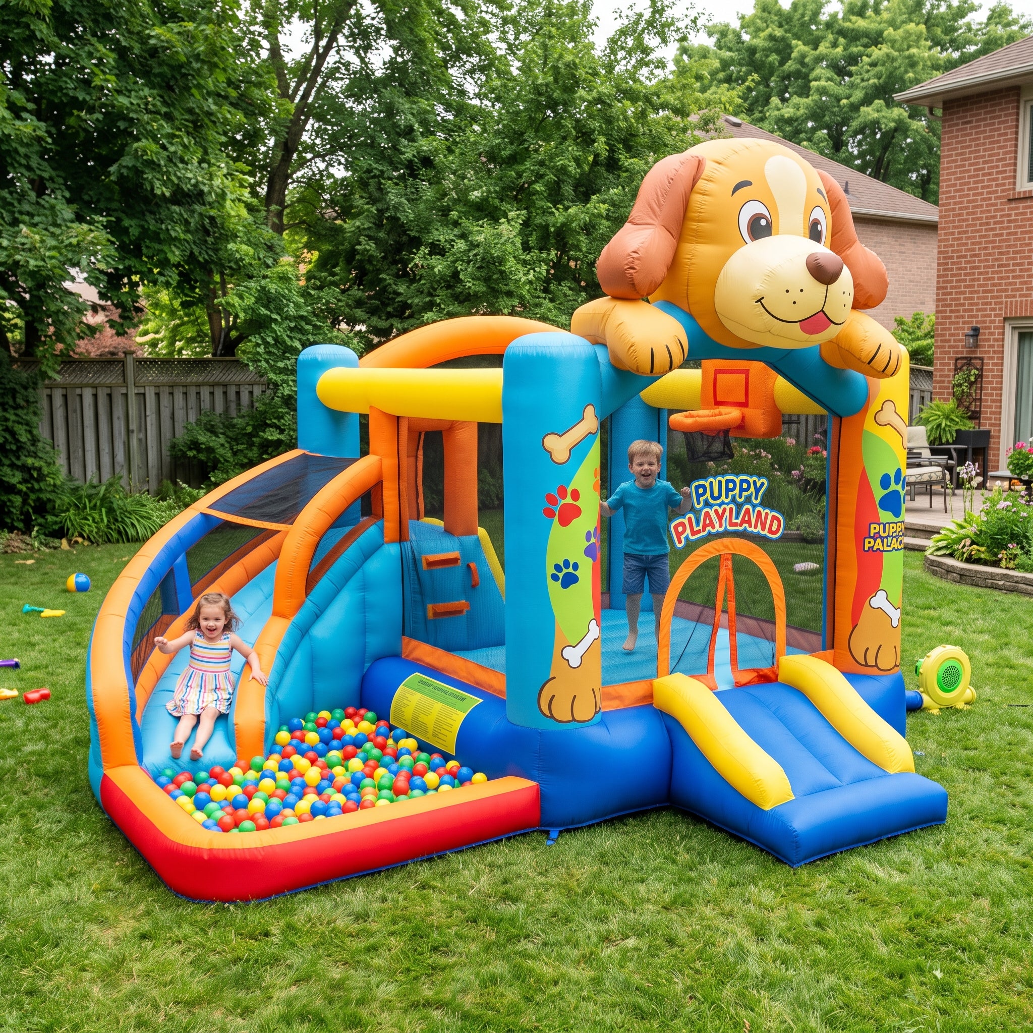 Play Bounce House Jumping Playhouse area with Slide and Ball Pit Puppy Dog Theme