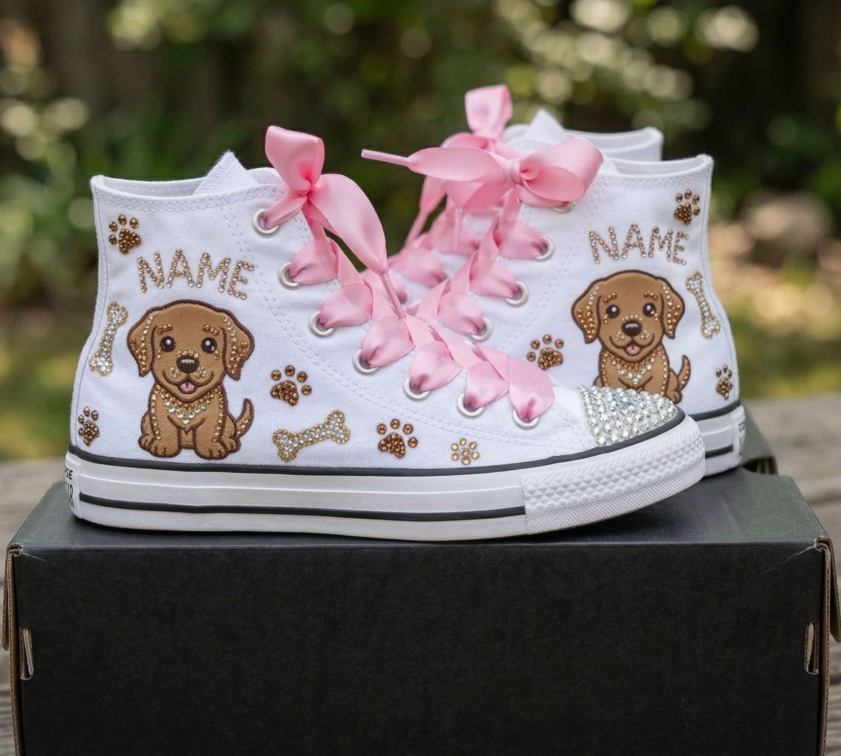 Custom Cute Puppy High-Top Sneakers Shoes Personalized with Name, Ribbon Laces & Rhinestones Birthday Parties Everyday Gift