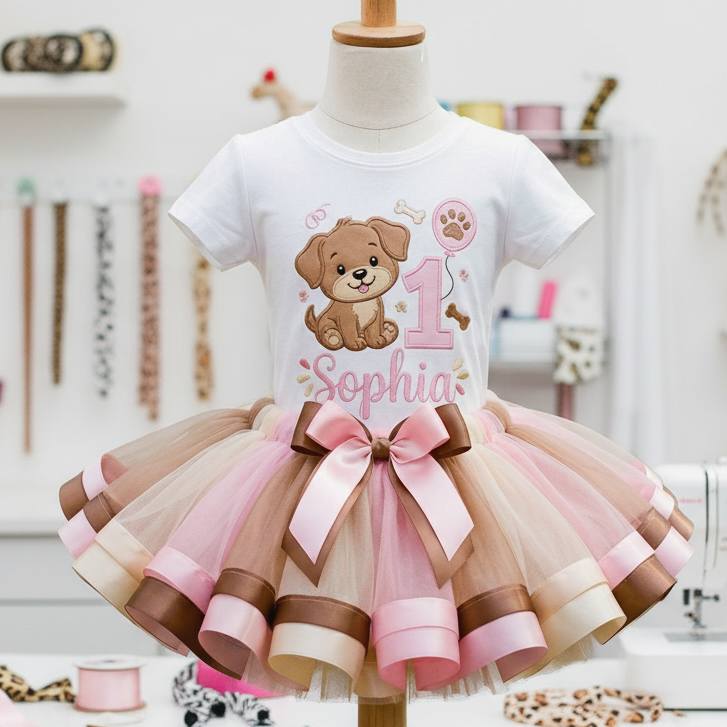 Cute Little Brown Puppy Dog Tutu Set Girls Personalized Custom Tutu Outfit Dress Theme Cake Smash Birthday Party
