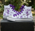 Custom Purple Ballerina High-Top Sneakers Shoes Personalized with Name, Ribbon Laces & Rhinestones Birthday Parties Everyday Gift