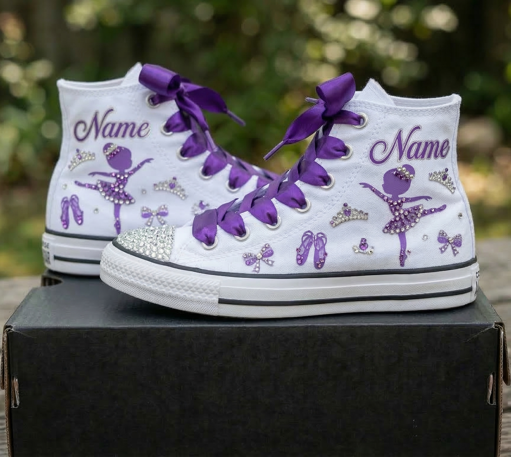 Custom Purple Ballerina High-Top Sneakers Shoes Personalized with Name, Ribbon Laces & Rhinestones Birthday Parties Everyday Gift