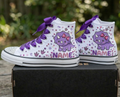 Custom Cute Purple Triceratops High-Top Sneakers Shoes Personalized with Name, Ribbon Laces & Rhinestones Birthday Parties Everyday Gift