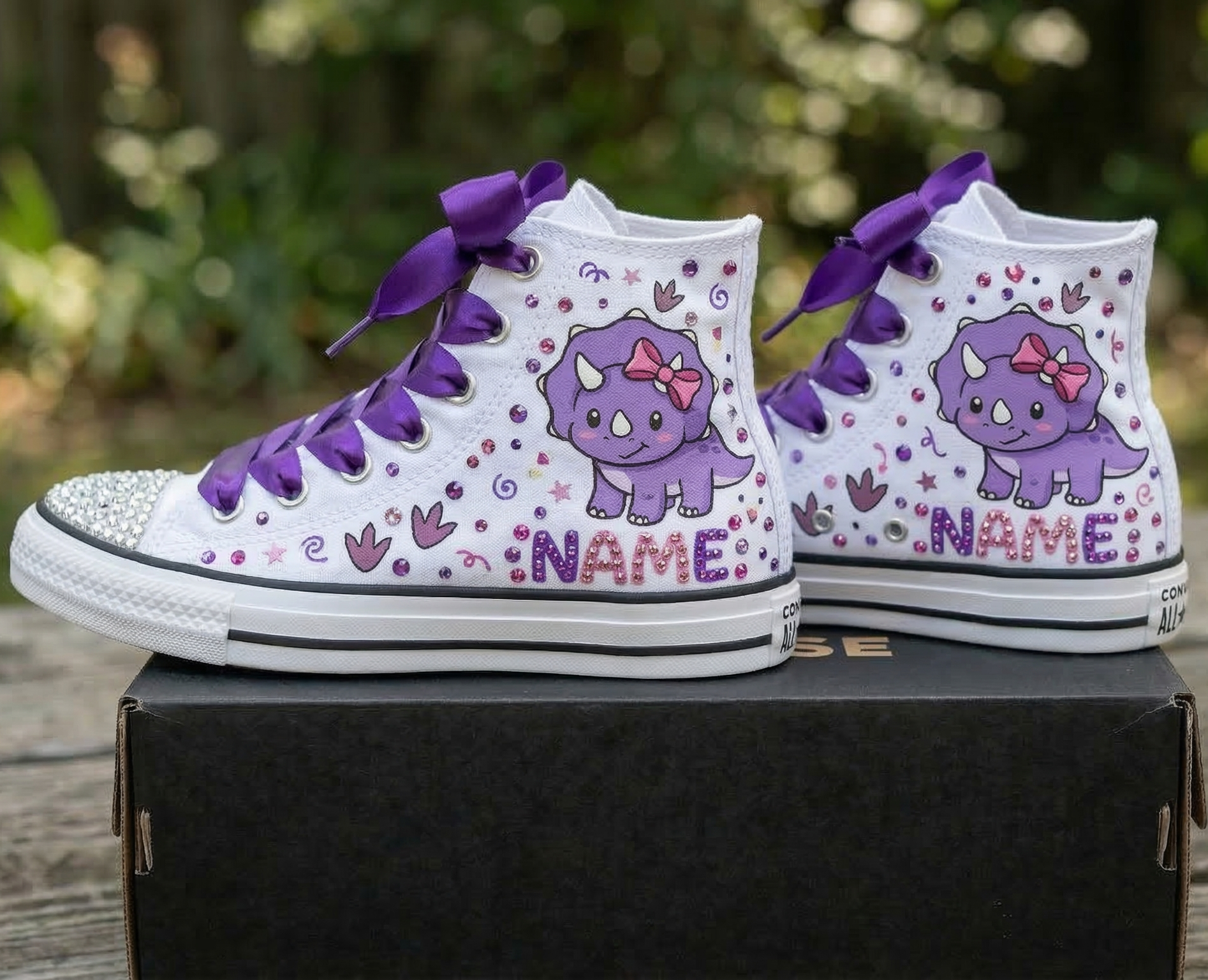 Custom Cute Purple Triceratops High-Top Sneakers Shoes Personalized with Name, Ribbon Laces & Rhinestones Birthday Parties Everyday Gift