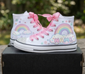 Custom Rainbow Cloud High-Top Sneakers Shoes Personalized with Name, Ribbon Laces & Rhinestones Birthday Parties Everyday Gift