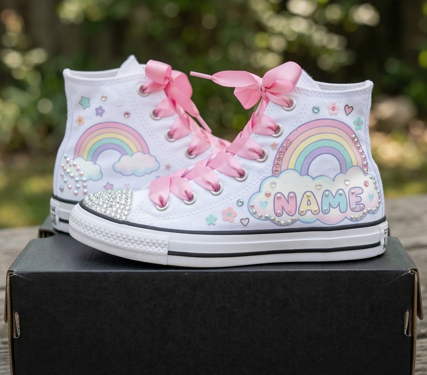 Custom Rainbow Cloud High-Top Sneakers Shoes Personalized with Name, Ribbon Laces & Rhinestones Birthday Parties Everyday Gift