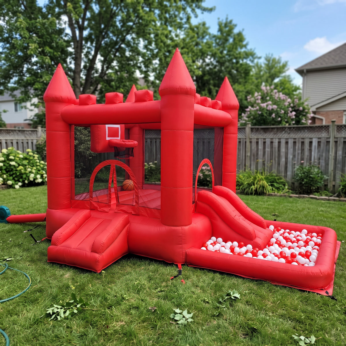 Play Bounce House Jumping Playhouse area with Slide and Ball Pit Red Castle Theme