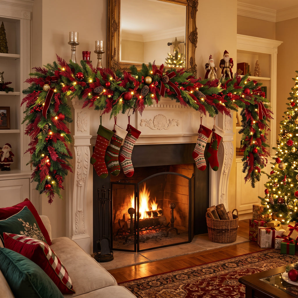 8-Foot Pre-Lit Traditional Red and Green Luxury Artificial Holiday Garland Christmas Decor