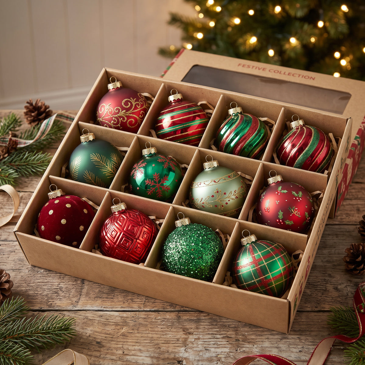 12-Piece Assorted Traditional Red and Green Luxury Shatterproof Holiday Ornament Set Christmas Decor
