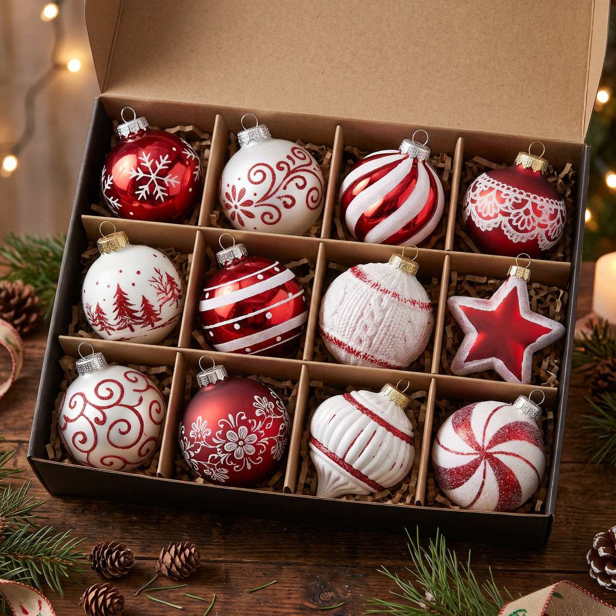 12-Piece Assorted Red and White Luxury Shatterproof Holiday Ornament Set Christmas Decor