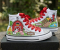 Custom Red Barn High-Top Sneakers Shoes Personalized with Name, Ribbon Laces & Rhinestones Birthday Parties Everyday Gift